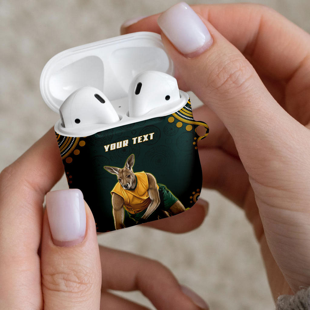Personalized Kookaburras Field Hockey Kangaroo AirPods Case Indigenous Australian Dot Art Style In Green And Gold