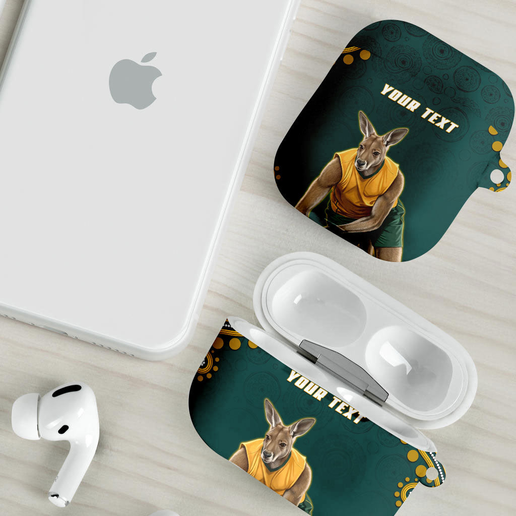 Personalized Kookaburras Field Hockey Kangaroo AirPods Case Indigenous Australian Dot Art Style In Green And Gold