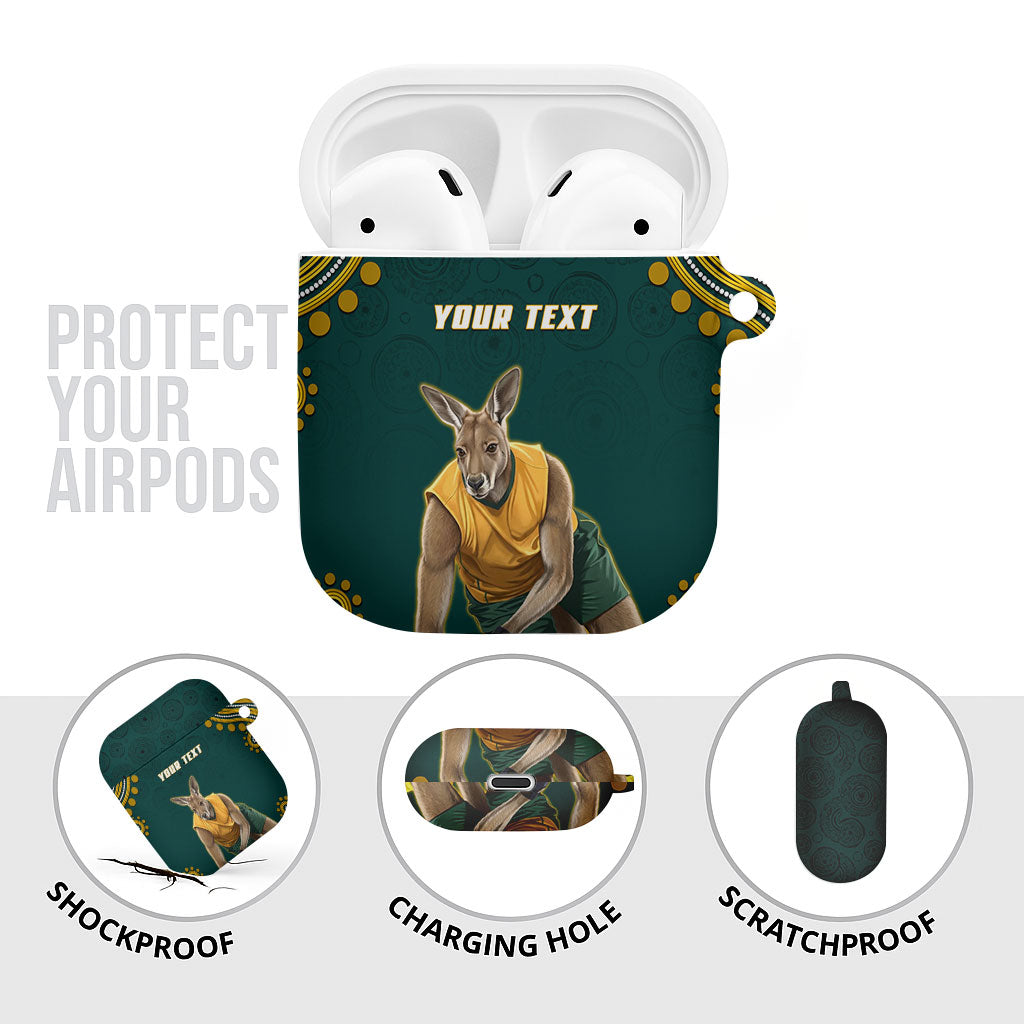 Personalized Kookaburras Field Hockey Kangaroo AirPods Case Indigenous Australian Dot Art Style In Green And Gold