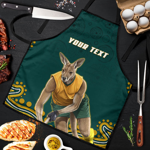 Personalized Kookaburras Field Hockey Kangaroo Apron Indigenous Australian Dot Art Style In Green And Gold