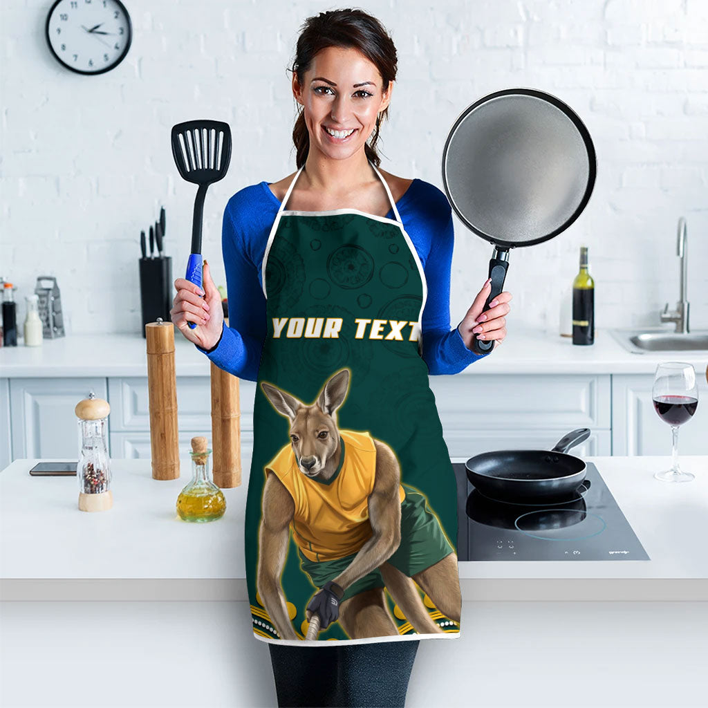 Personalized Kookaburras Field Hockey Kangaroo Apron Indigenous Australian Dot Art Style In Green And Gold