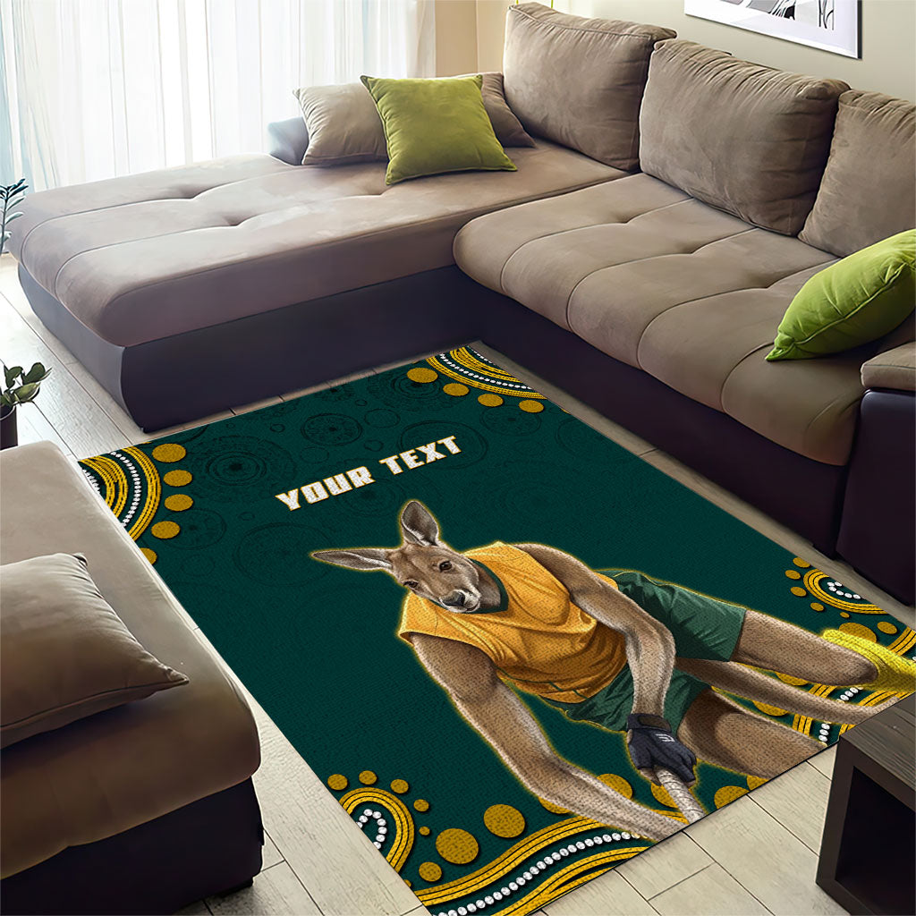 Personalized Kookaburras Field Hockey Kangaroo Area Rug Indigenous Australian Dot Art Style In Green And Gold