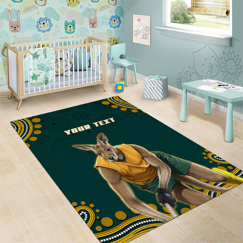 Personalized Kookaburras Field Hockey Kangaroo Area Rug Indigenous Australian Dot Art Style In Green And Gold