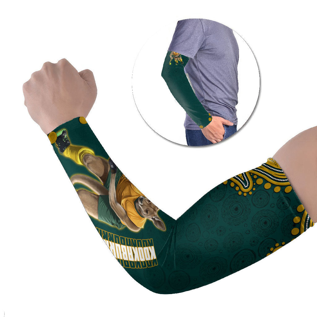 Personalized Kookaburras Field Hockey Kangaroo Arm Sleeves Indigenous Australian Dot Art Style In Green And Gold