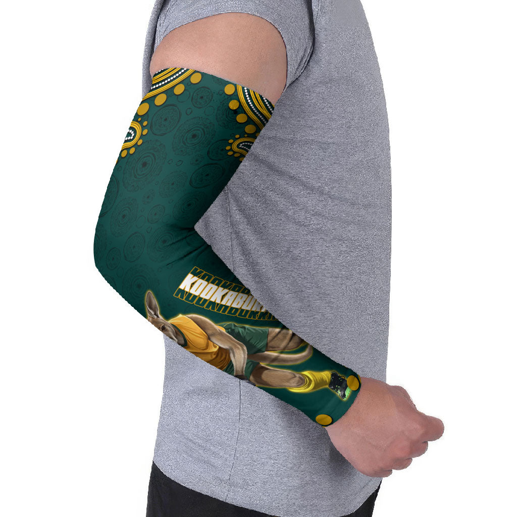 Personalized Kookaburras Field Hockey Kangaroo Arm Sleeves Indigenous Australian Dot Art Style In Green And Gold