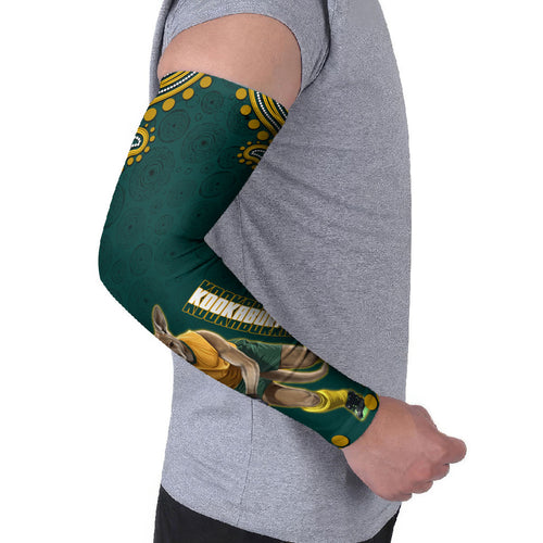 Personalized Kookaburras Field Hockey Kangaroo Arm Sleeves Indigenous Australian Dot Art Style In Green And Gold