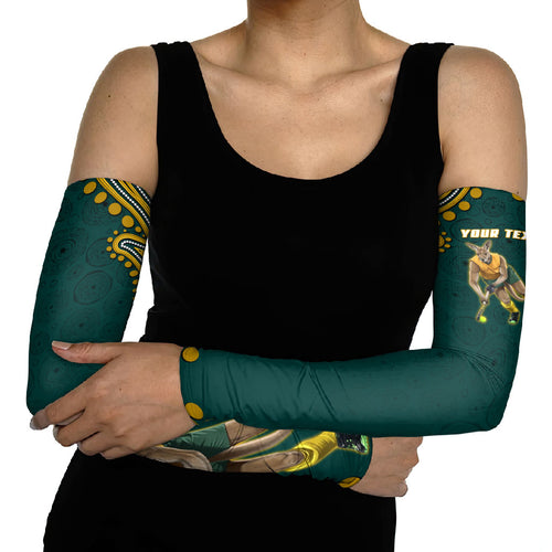 Personalized Kookaburras Field Hockey Kangaroo Arm Sleeves Indigenous Australian Dot Art Style In Green And Gold
