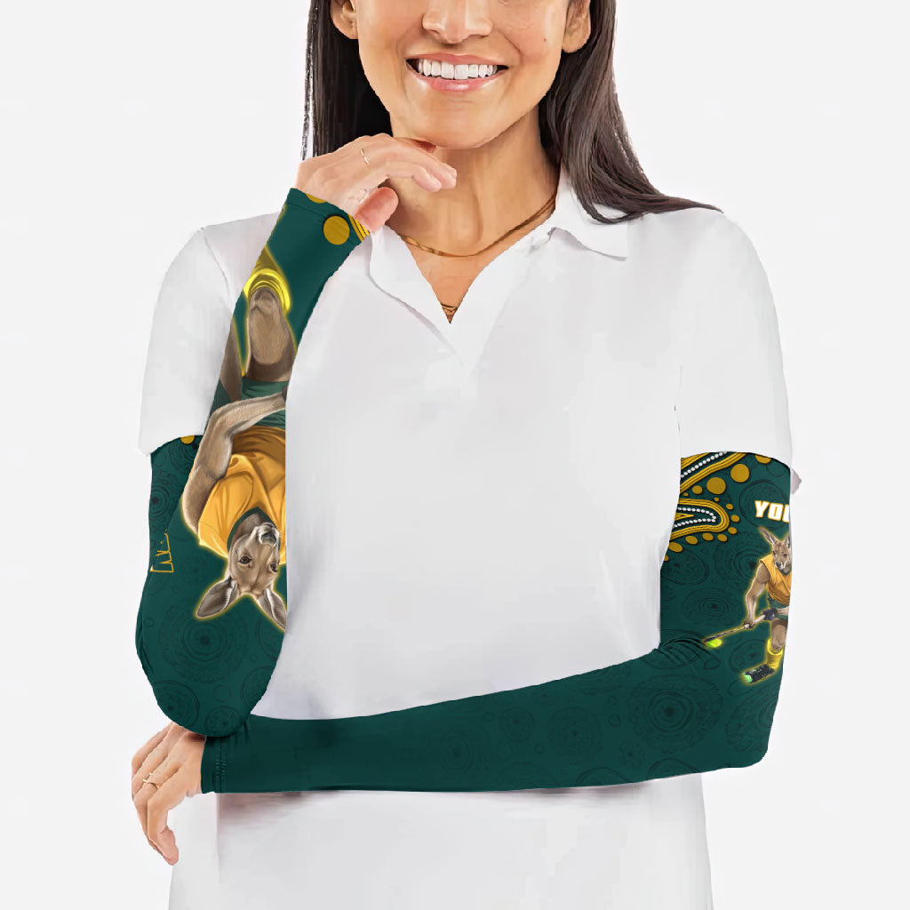 Personalized Kookaburras Field Hockey Kangaroo Arm Sleeves Indigenous Australian Dot Art Style In Green And Gold