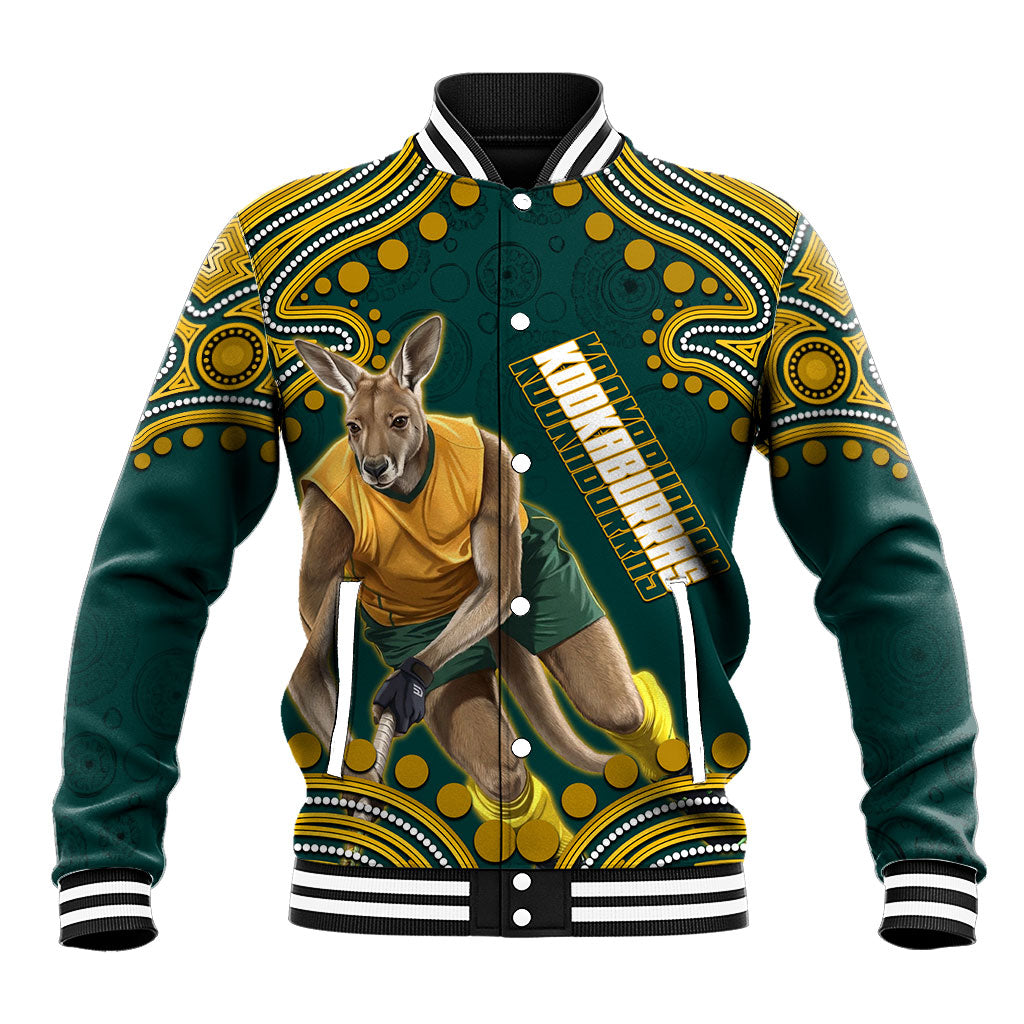 Personalized Kookaburras Field Hockey Kangaroo Baseball Jacket Indigenous Australian Dot Art Style In Green And Gold