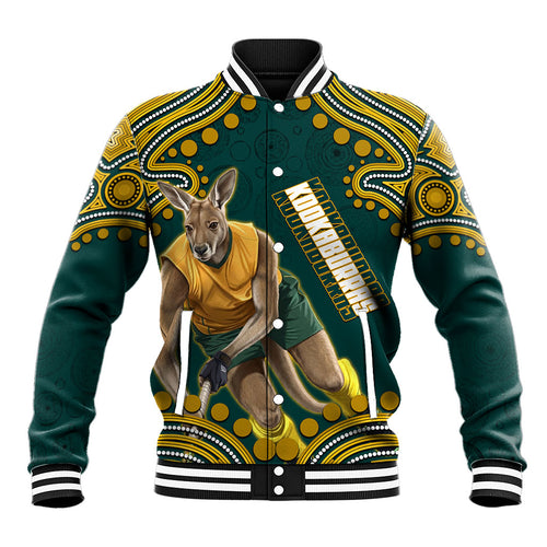 Personalized Kookaburras Field Hockey Kangaroo Baseball Jacket Indigenous Australian Dot Art Style In Green And Gold