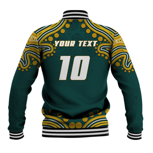 Personalized Kookaburras Field Hockey Kangaroo Baseball Jacket Indigenous Australian Dot Art Style In Green And Gold