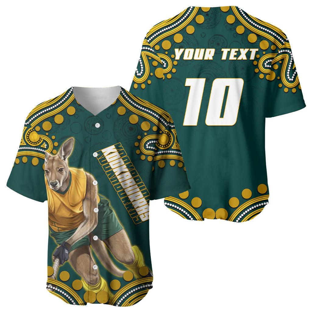 Personalized Kookaburras Field Hockey Kangaroo Baseball Jersey Indigenous Australian Dot Art Style In Green And Gold