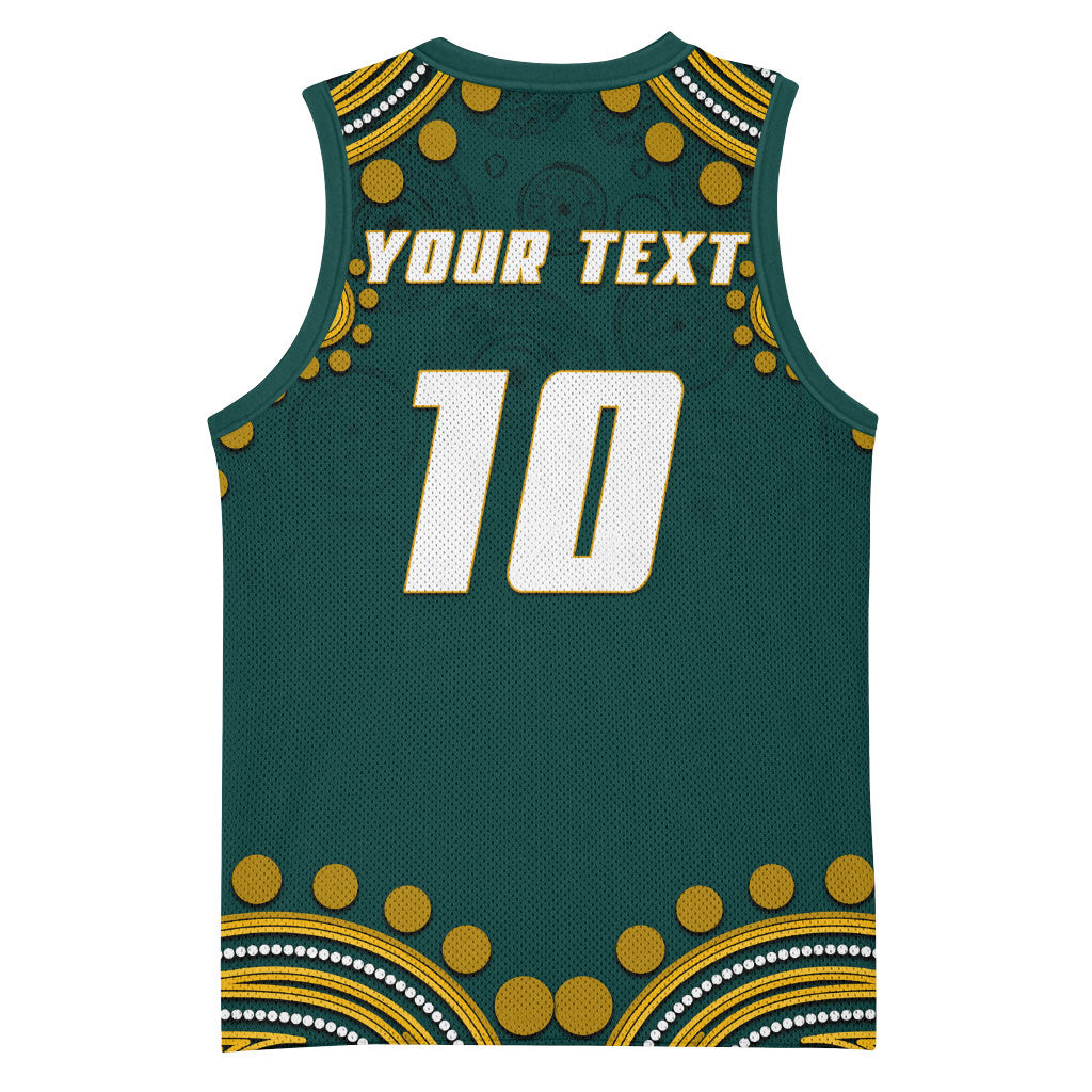 Personalized Kookaburras Field Hockey Kangaroo Basketball Jersey Indigenous Australian Dot Art Style In Green And Gold