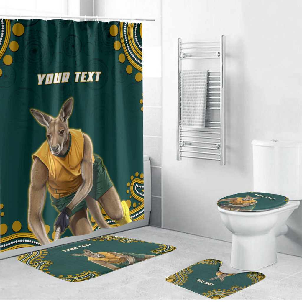 Personalized Kookaburras Field Hockey Kangaroo Bathroom Set Indigenous Australian Dot Art Style In Green And Gold