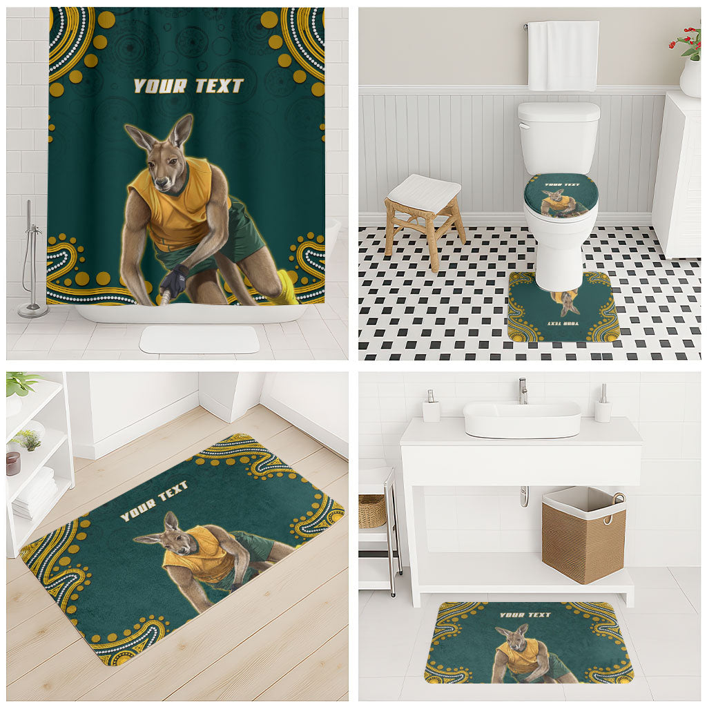 Personalized Kookaburras Field Hockey Kangaroo Bathroom Set Indigenous Australian Dot Art Style In Green And Gold