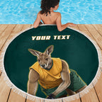 Personalized Kookaburras Field Hockey Kangaroo Beach Blanket Indigenous Australian Dot Art Style In Green And Gold