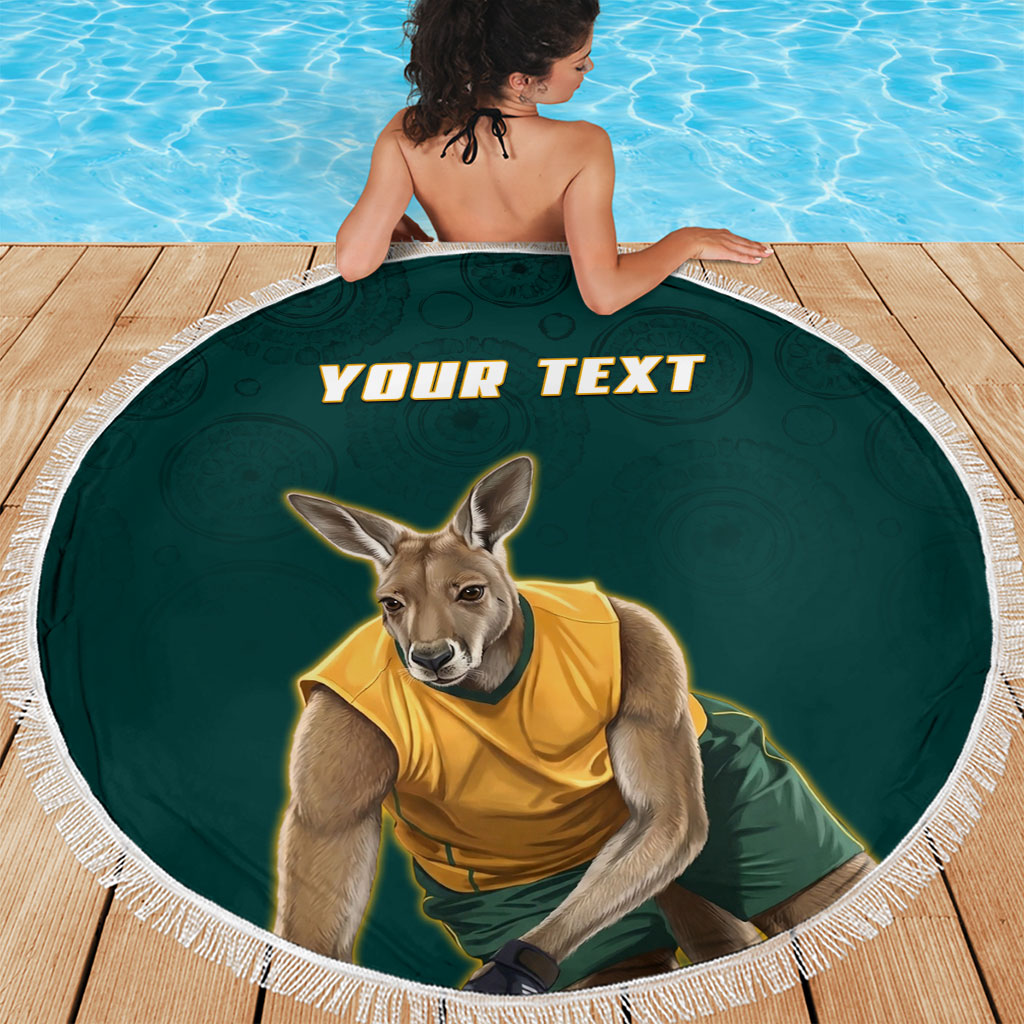 Personalized Kookaburras Field Hockey Kangaroo Beach Blanket Indigenous Australian Dot Art Style In Green And Gold