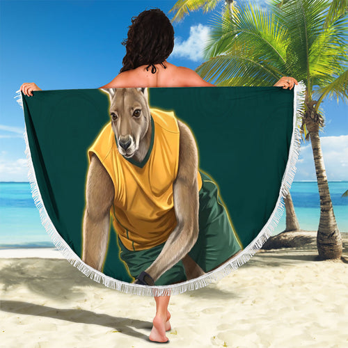 Personalized Kookaburras Field Hockey Kangaroo Beach Blanket Indigenous Australian Dot Art Style In Green And Gold