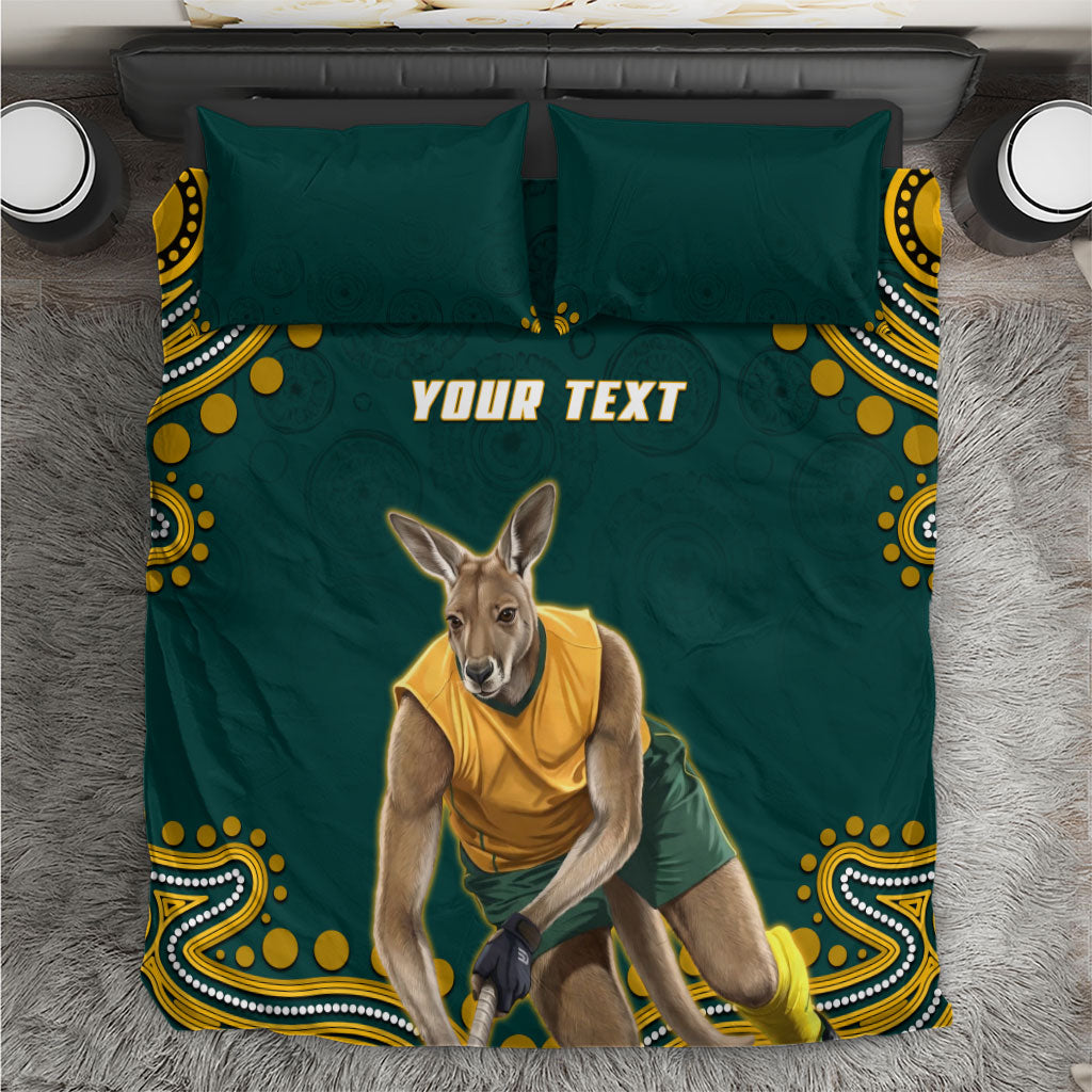 Personalized Kookaburras Field Hockey Kangaroo Bedding Set Indigenous Australian Dot Art Style In Green And Gold