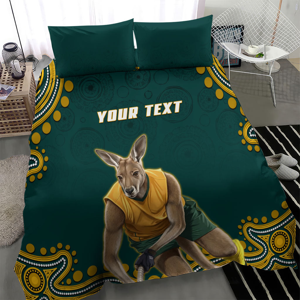 Personalized Kookaburras Field Hockey Kangaroo Bedding Set Indigenous Australian Dot Art Style In Green And Gold