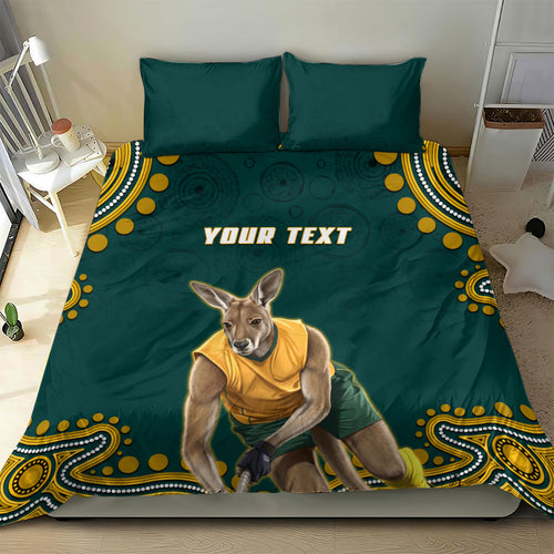 Personalized Kookaburras Field Hockey Kangaroo Bedding Set Indigenous Australian Dot Art Style In Green And Gold