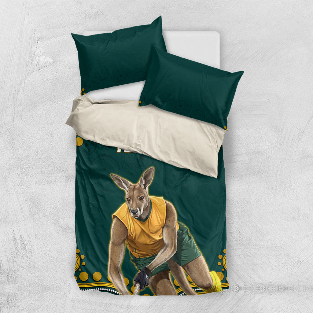Personalized Kookaburras Field Hockey Kangaroo Bedding Set Indigenous Australian Dot Art Style In Green And Gold