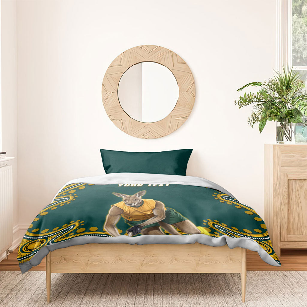 Personalized Kookaburras Field Hockey Kangaroo Bedding Set Indigenous Australian Dot Art Style In Green And Gold