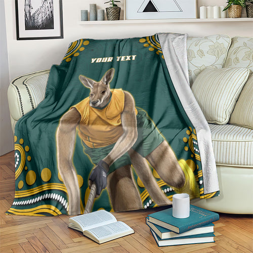 Personalized Kookaburras Field Hockey Kangaroo Blanket Indigenous Australian Dot Art Style In Green And Gold