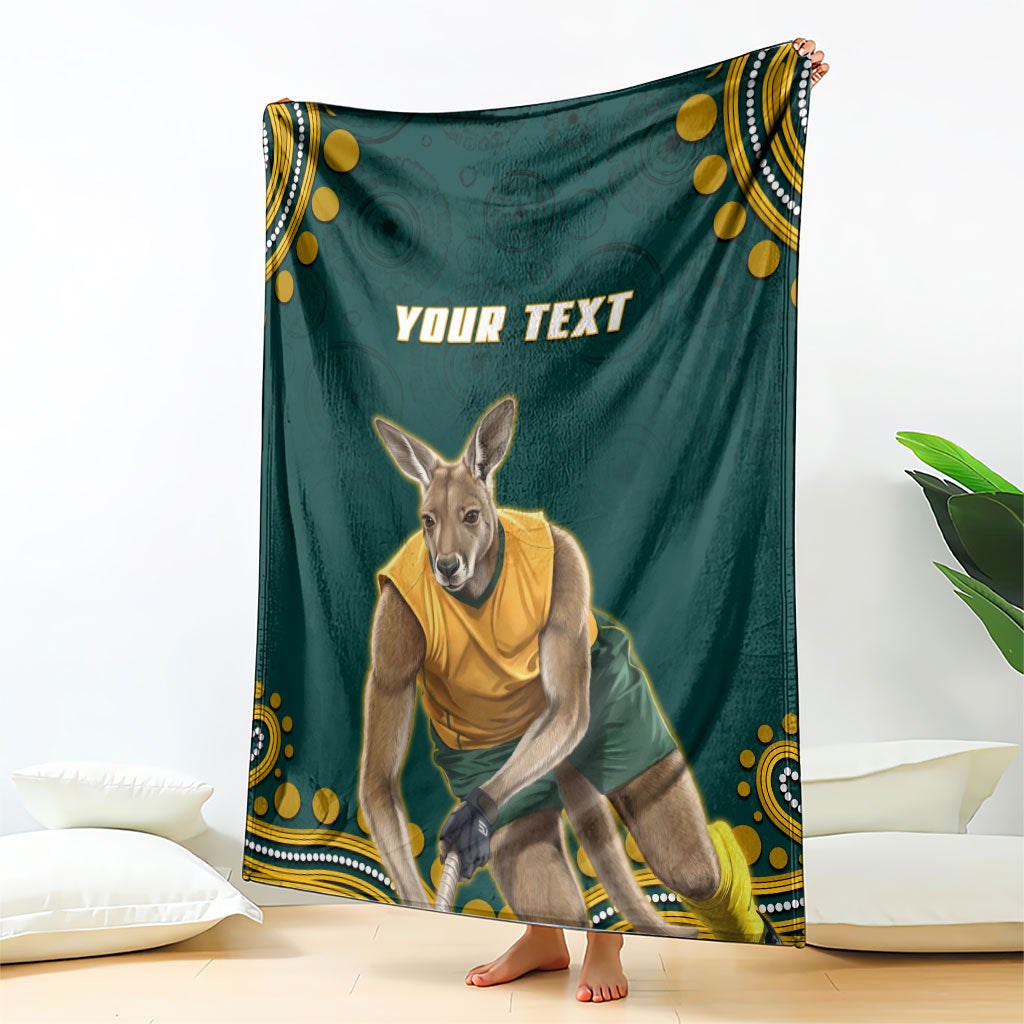 Personalized Kookaburras Field Hockey Kangaroo Blanket Indigenous Australian Dot Art Style In Green And Gold