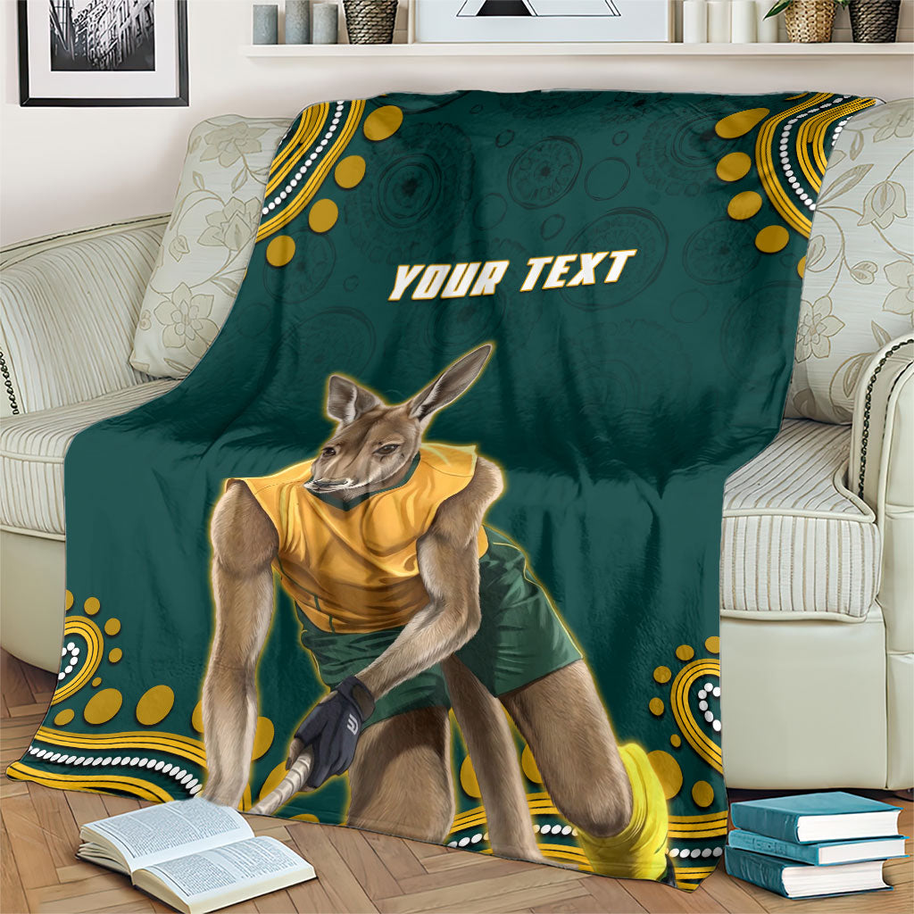 Personalized Kookaburras Field Hockey Kangaroo Blanket Indigenous Australian Dot Art Style In Green And Gold