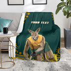Personalized Kookaburras Field Hockey Kangaroo Blanket Indigenous Australian Dot Art Style In Green And Gold