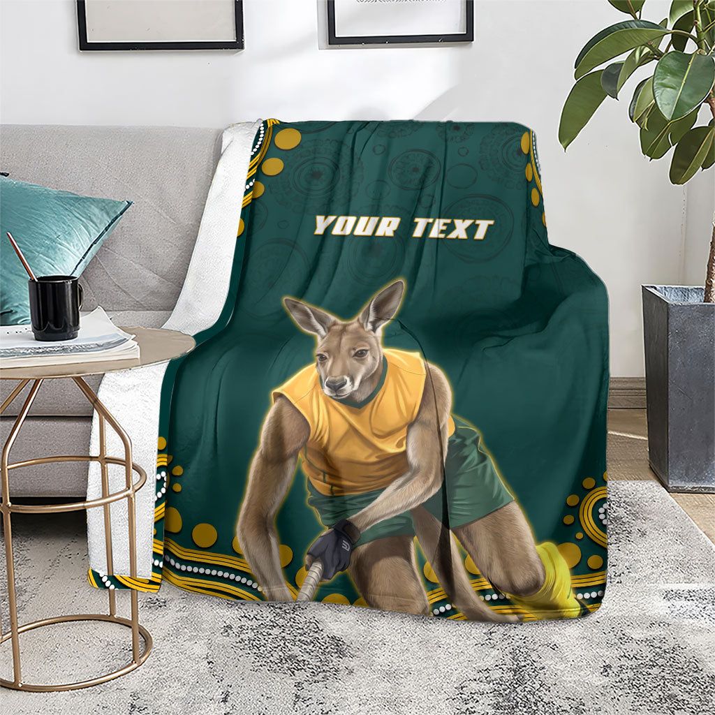 Personalized Kookaburras Field Hockey Kangaroo Blanket Indigenous Australian Dot Art Style In Green And Gold