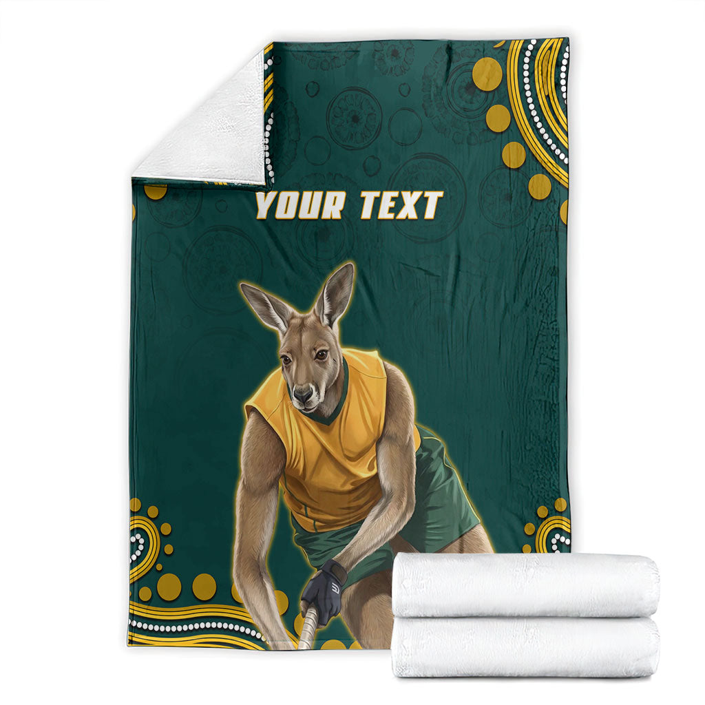 Personalized Kookaburras Field Hockey Kangaroo Blanket Indigenous Australian Dot Art Style In Green And Gold