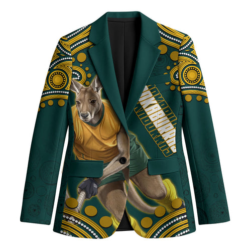 Personalized Kookaburras Field Hockey Kangaroo Blazer Indigenous Australian Dot Art Style In Green And Gold