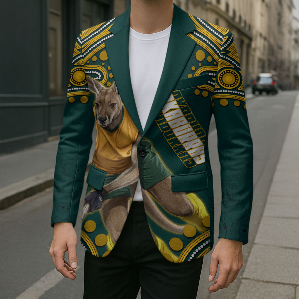 Personalized Kookaburras Field Hockey Kangaroo Blazer Indigenous Australian Dot Art Style In Green And Gold