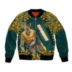 Personalized Kookaburras Field Hockey Kangaroo Bomber Jacket Indigenous Australian Dot Art Style In Green And Gold