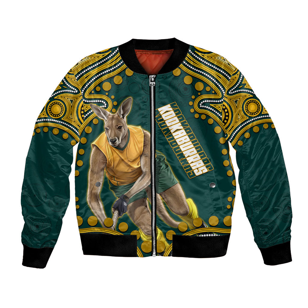 Personalized Kookaburras Field Hockey Kangaroo Bomber Jacket Indigenous Australian Dot Art Style In Green And Gold