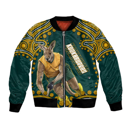 Personalized Kookaburras Field Hockey Kangaroo Bomber Jacket Indigenous Australian Dot Art Style In Green And Gold