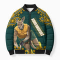 Personalized Kookaburras Field Hockey Kangaroo Bomber Puffer Jacket Indigenous Australian Dot Art Style In Green And Gold