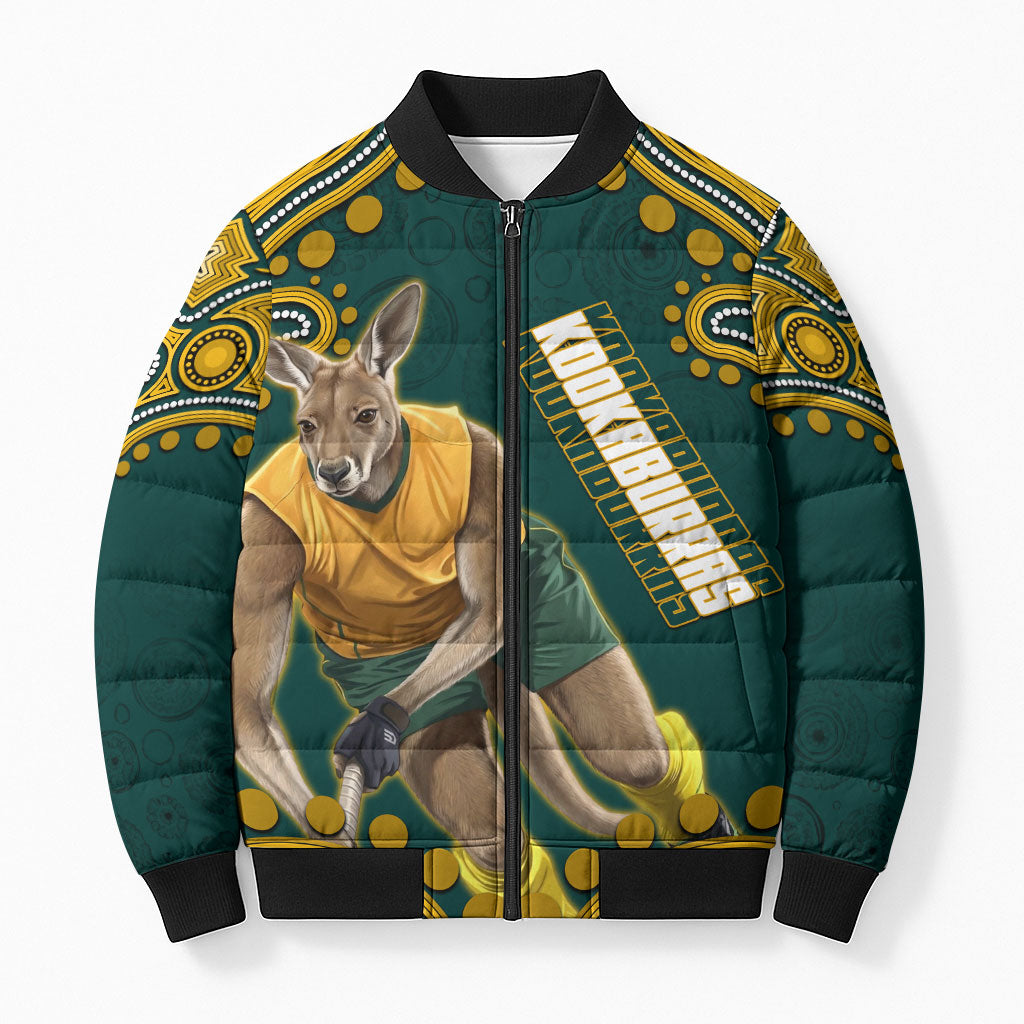 Personalized Kookaburras Field Hockey Kangaroo Bomber Puffer Jacket Indigenous Australian Dot Art Style In Green And Gold