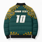 Personalized Kookaburras Field Hockey Kangaroo Bomber Puffer Jacket Indigenous Australian Dot Art Style In Green And Gold