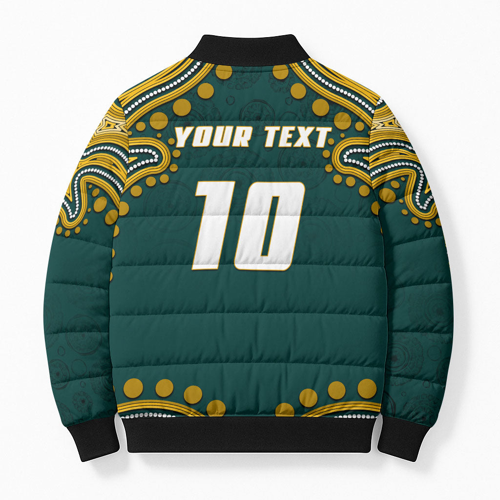 Personalized Kookaburras Field Hockey Kangaroo Bomber Puffer Jacket Indigenous Australian Dot Art Style In Green And Gold