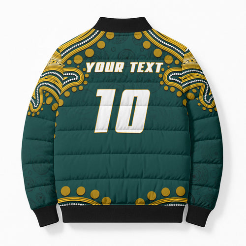 Personalized Kookaburras Field Hockey Kangaroo Bomber Puffer Jacket Indigenous Australian Dot Art Style In Green And Gold