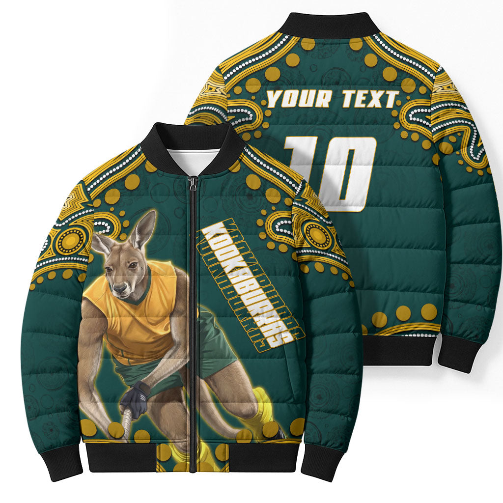 Personalized Kookaburras Field Hockey Kangaroo Bomber Puffer Jacket Indigenous Australian Dot Art Style In Green And Gold