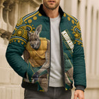 Personalized Kookaburras Field Hockey Kangaroo Bomber Puffer Jacket Indigenous Australian Dot Art Style In Green And Gold