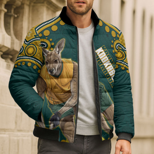 Personalized Kookaburras Field Hockey Kangaroo Bomber Puffer Jacket Indigenous Australian Dot Art Style In Green And Gold