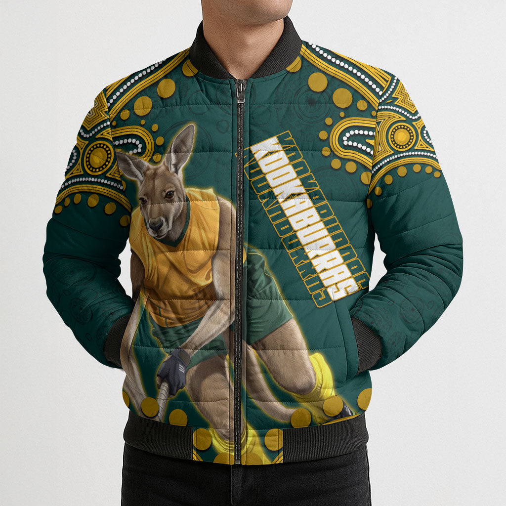 Personalized Kookaburras Field Hockey Kangaroo Bomber Puffer Jacket Indigenous Australian Dot Art Style In Green And Gold