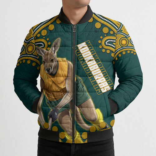 Personalized Kookaburras Field Hockey Kangaroo Bomber Puffer Jacket Indigenous Australian Dot Art Style In Green And Gold