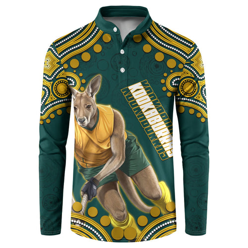 Personalized Kookaburras Field Hockey Kangaroo Button Sweatshirt Indigenous Australian Dot Art Style In Green And Gold