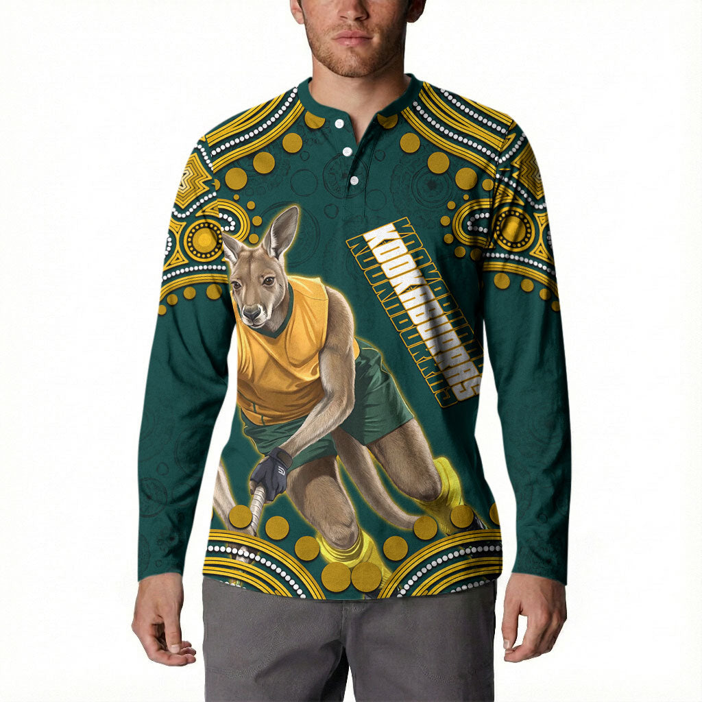 Personalized Kookaburras Field Hockey Kangaroo Button Sweatshirt Indigenous Australian Dot Art Style In Green And Gold